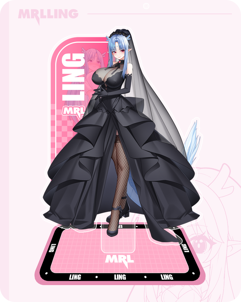 A bishoujo acrylic stand featuring the blue-haired character Ling dressed in an elegant, black gothic wedding gown.